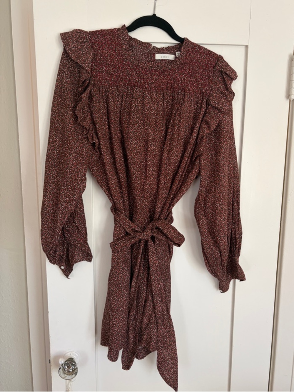 Doen Burgundy Tiny Floral Tie-Waist Mini Dress